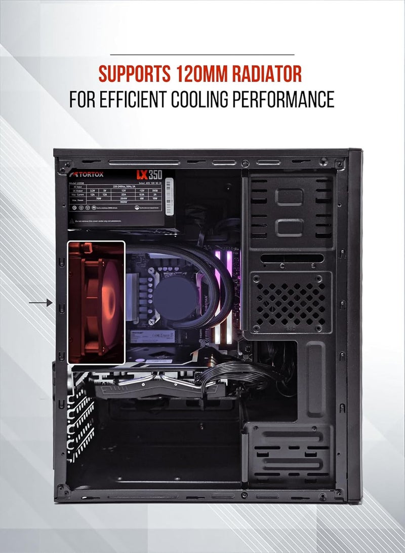 تورتوكس علبة كمبيوتر ألعاب Zion ATX، ITX، M-ATX، مزودة بمصدر طاقة 350 واط ومروحة 120 مم*1، خزانة كمبيوتر معدنية، HDD، SSD، 7 فتحات توسعة - Image 4