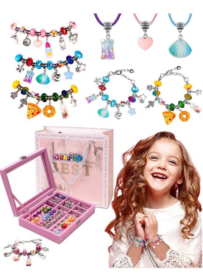 Bracelet Making Kit for Girls 66PCs Charm Bracelets Kit with Jewelry Box Jewelry Charms Bracelets for DIY Craft Jewelry Gift for Adults and Kids Present For 8-12 Year Old Girl (Pink)  - Image 1