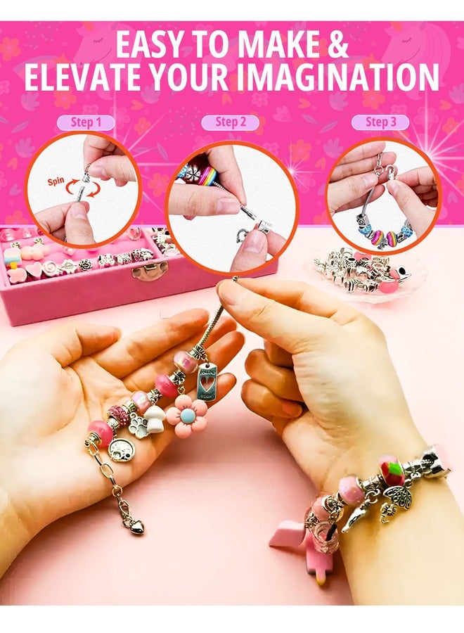 Bracelet Making Kit for Girls 66PCs Charm Bracelets Kit with Jewelry Box Jewelry Charms Bracelets for DIY Craft Jewelry Gift for Adults and Kids Present For 8-12 Year Old Girl (Pink)  - Image 4