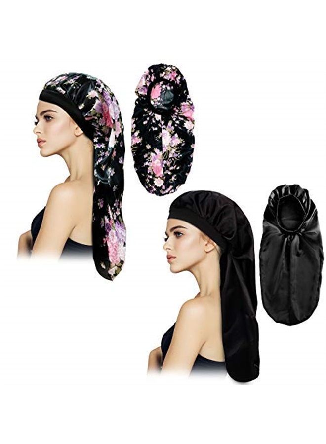 Gelme Nutri 2Pcs Long Satin Bonnet Sleep Cap,Extra Large Braids Bonnets for Sleeping,Long Hair,Soft&Comfortable Elastic Band Bonnets for Women Night Sleep,Hair Bonnets for Women Satin (Black+Pink Pattern) - Image 2