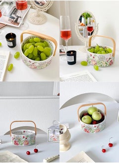 ShebSheb Ceramic Fruit Bowl with Wooden Handle,Floral Design Fruit Basket for Fruit Vegetable Storage, Cake, Dessert, Nuts, Snack, Salad  - Image 2