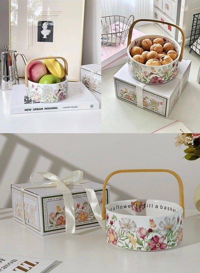 شيبشيب وعاء فاكهة سيراميك مع مقبض خشبي، سلة فواكه بتصميم زهري لتخزين الفواكه والخضروات، الكعك، الحلوى، المكسرات، الوجبات الخفيفة، والسلطة. - Image 5