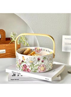 ShebSheb Ceramic Fruit Bowl with Wooden Handle,Floral Design Fruit Basket for Fruit Vegetable Storage, Cake, Dessert, Nuts, Snack, Salad  - Image 1