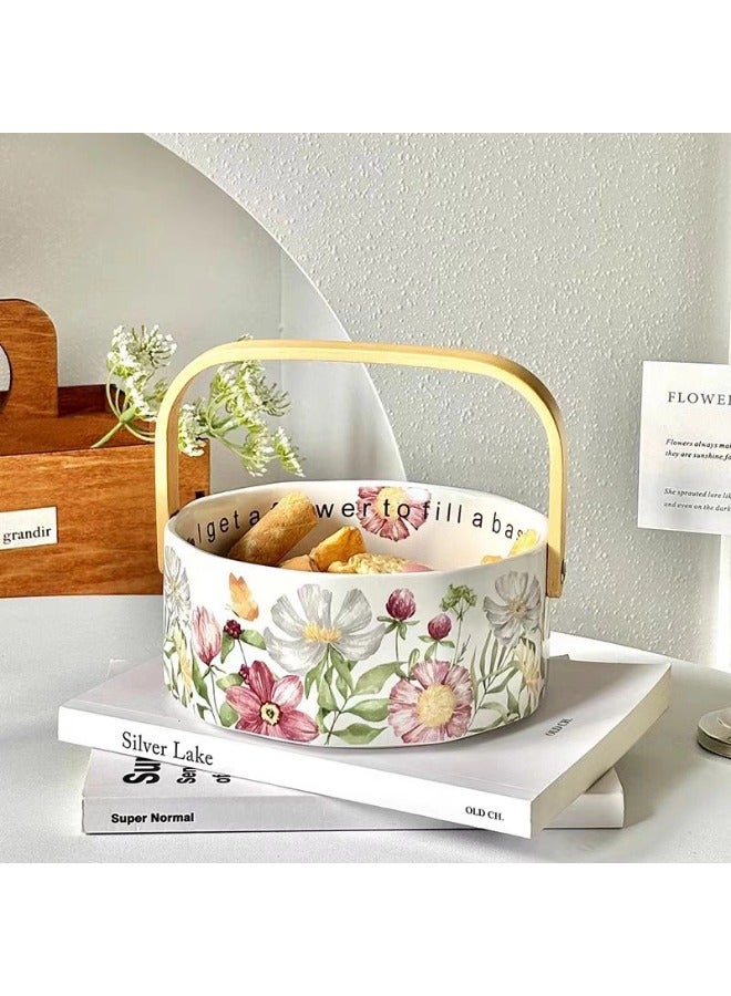 شيبشيب وعاء فاكهة سيراميك مع مقبض خشبي، سلة فواكه بتصميم زهري لتخزين الفواكه والخضروات، الكعك، الحلوى، المكسرات، الوجبات الخفيفة، والسلطة. - Image 1