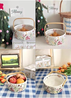 ShebSheb Ceramic Fruit Bowl with Wooden Handle,Floral Design Fruit Basket for Fruit Vegetable Storage, Cake, Dessert, Nuts, Snack, Salad  - Image 4