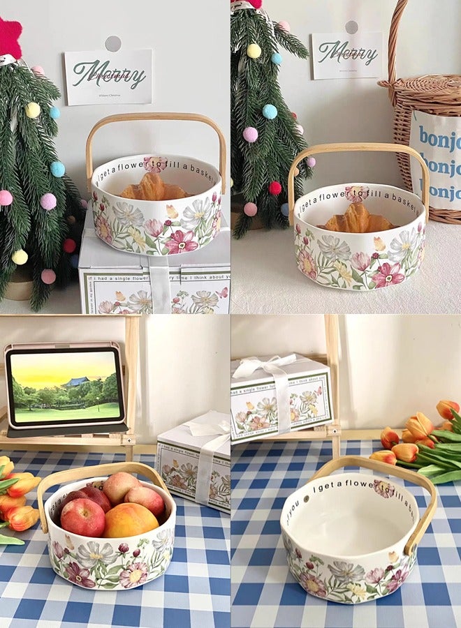 شيبشيب وعاء فاكهة سيراميك مع مقبض خشبي، سلة فواكه بتصميم زهري لتخزين الفواكه والخضروات، الكعك، الحلوى، المكسرات، الوجبات الخفيفة، والسلطة. - Image 4