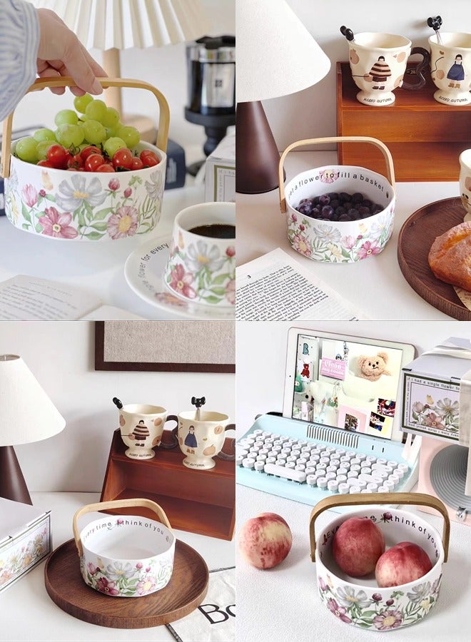 شيبشيب وعاء فاكهة سيراميك مع مقبض خشبي، سلة فواكه بتصميم زهري لتخزين الفواكه والخضروات، الكعك، الحلوى، المكسرات، الوجبات الخفيفة، والسلطة. - Image 3