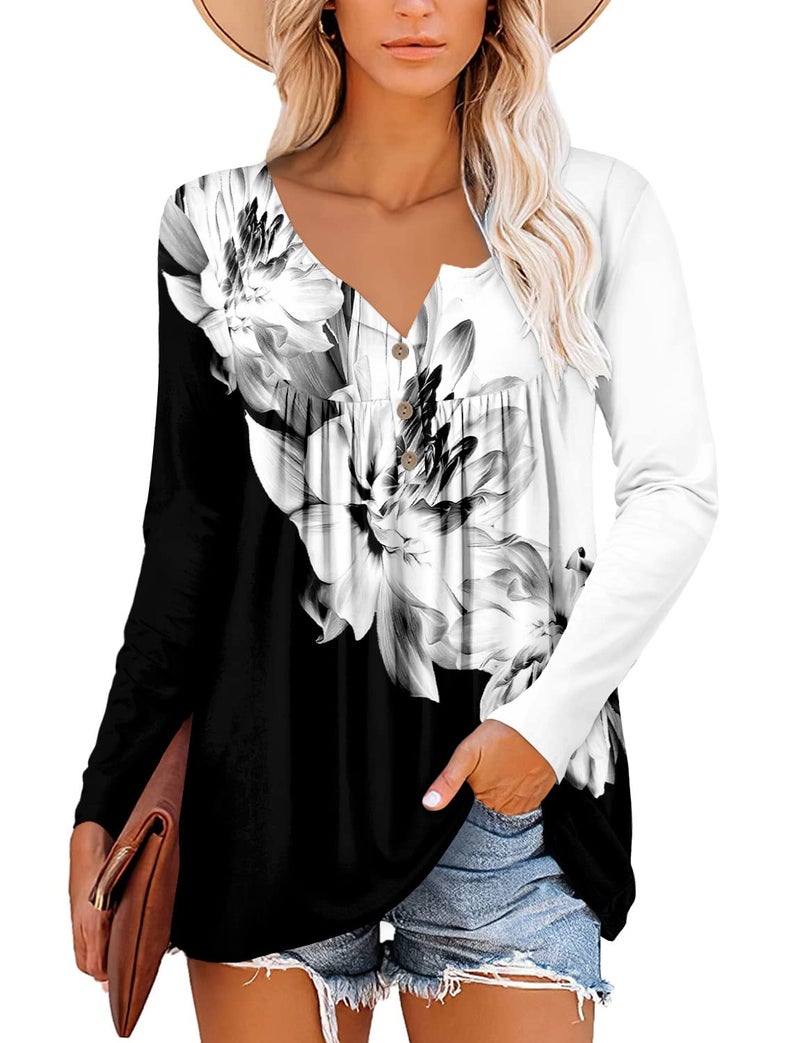 ROSELINLIN Blouses for Women Long Sleeve Tunic Top for Leggings Pullover Black White XL - Image 2