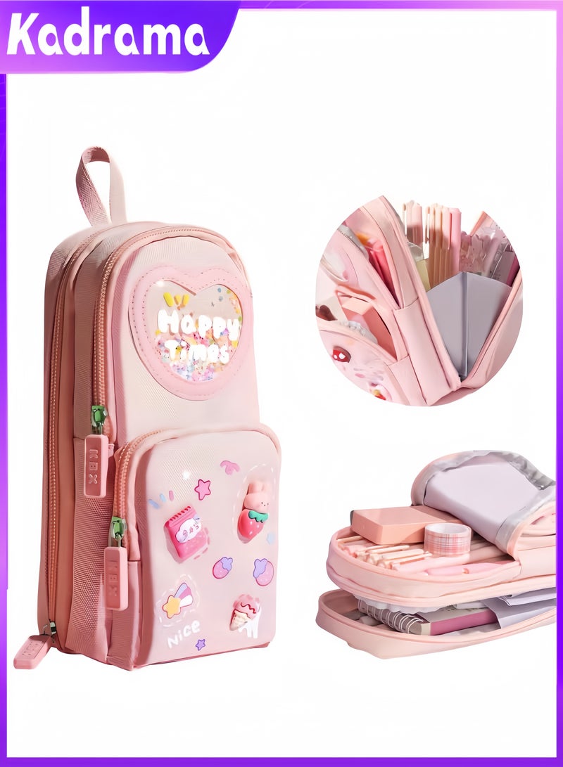 KADRAMA Pink Pencil Case & Pencil Pouch, Cute 3 Tier Stationery Storage and Organizer, 6 Compartments Adorable Pencil Case for School Supplies, Office, and Adult, College, Stationery Storage - Image 1