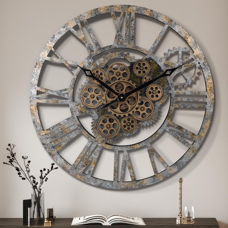 Lafocuse 23 Inch Real Moving Gear Wall Clock Steampunk Wooden Large Wall Clock for Living Room Decor Farmhouse