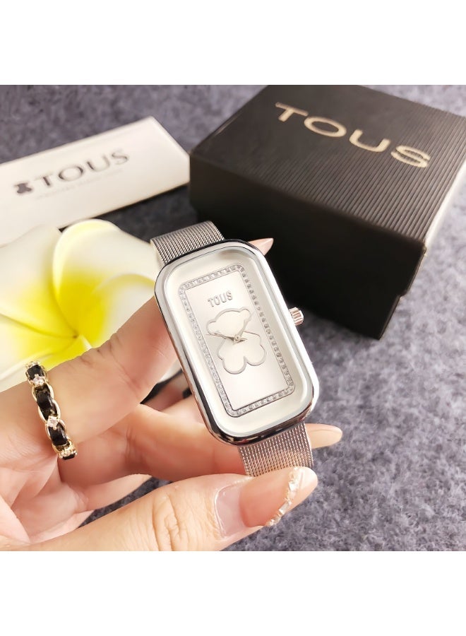 TOUS Bear Openwork Silver Dial Women's Watch - Stylish Silver Mesh Strap with Diamonds