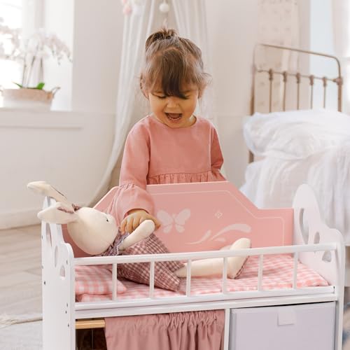 ROBUD Baby Doll Crib Wooden Doll Bed with Storage and Bedding of Toy Baby Crib to Kids Pink Baby Doll Beds Suit for Dolls Under 22 Inches - Image 5