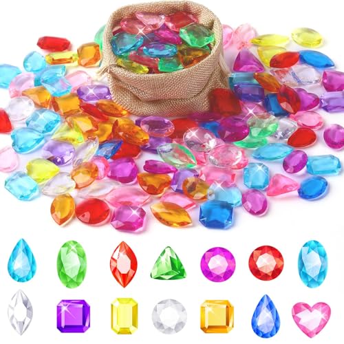 MARFOREVER Pool Diving Gems Toys150 Pcs Colorful Crystals Pirate Treasure Jewels Acrylic Gems Plastic Diamonds Gemstones with a Burlap Bag for Vase Filler Summer Beach Toys Home Decor Party Favors - Image 1