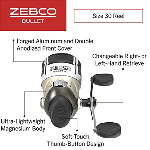 Zebco Bullet MG Spincast Fishing Reel, Size 30 Reel, Ultra-Lightweight Magnesium Body, Changeable Right- or Left-Hand Retrieve, Oversized Non-Slip Handle Knob, Dark Silver, Clam Packaging - Image 2