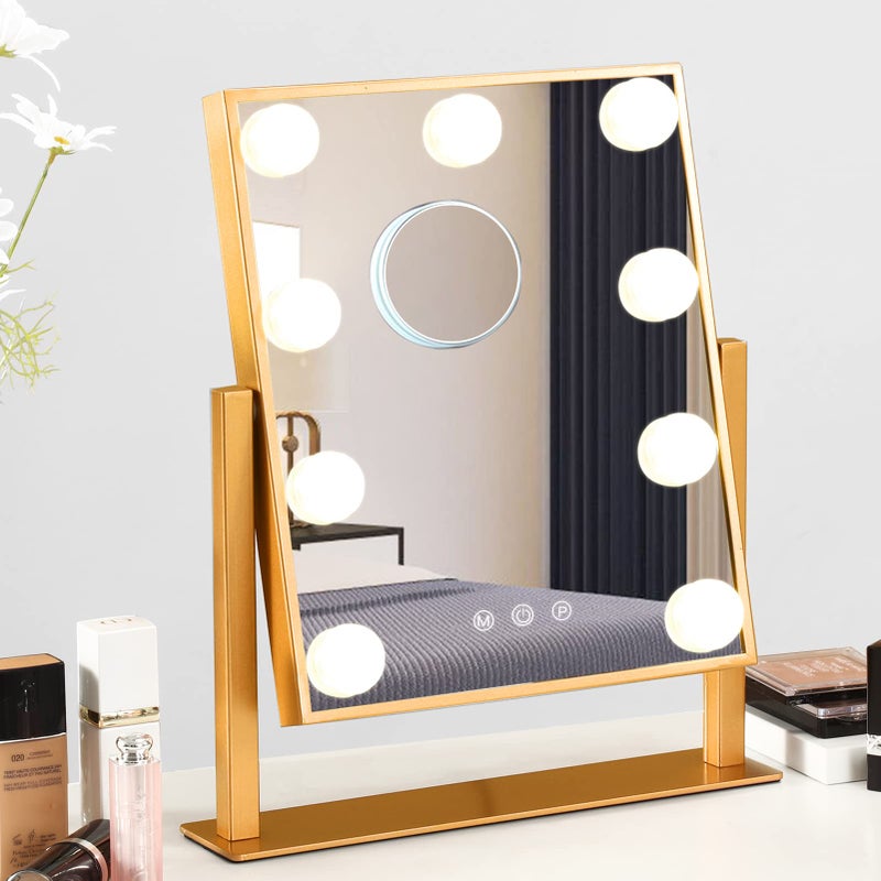 BWLLNI Vanity Mirror with Lights Hollywood Mirror Lighted Makeup Mirror with 9 LED Bulbs Touch Control Design 3 Colors Dimmable Bulbs Detachable 10X Magnification 360RotationGold