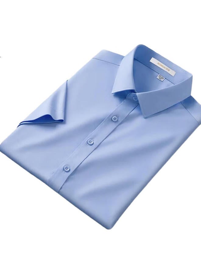 ROMON Men'S Short Sleeve Shirt Business Casual Wrinkle-Free Slim Fit Professional Formal Breathable Dress Shirt Dad Men'S Clothing D50 Light Blue 43 - Image 2