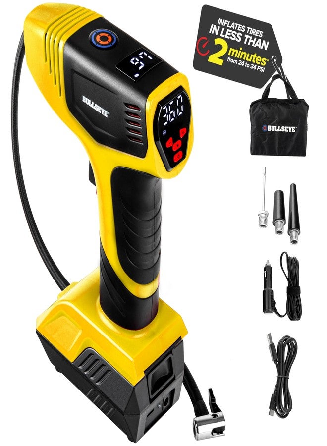 Emson Bullseye Pro Tire Inflator Portable Air Compressor, Car Tire Inflator Portable, Portable Air Pump for Car Tires - 150PSI, 12V DC 1500 mAhs with Tire Pressure Gauge, Rechargeable As Seen On TV(Yellow) - Image 1