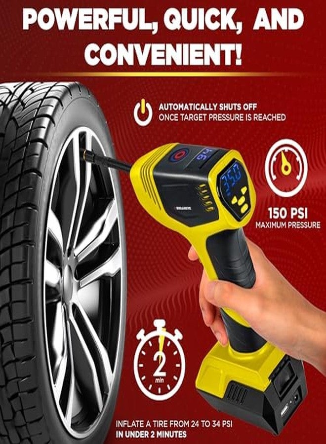 Emson Bullseye Pro Tire Inflator Portable Air Compressor, Car Tire Inflator Portable, Portable Air Pump for Car Tires - 150PSI, 12V DC 1500 mAhs with Tire Pressure Gauge, Rechargeable As Seen On TV(Yellow) - Image 5