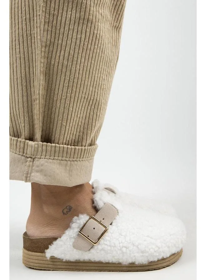 Juno Women's Textile Fur-Lined Genuine Leather Belted Buckle White-Sand Slippers - White