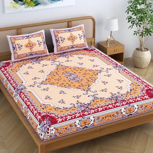 SheetKart Pure Cotton Jaipuri Printed King Size Traditional Double Bedsheet with 2 Pillow Covers - Sunset Orange - Image 1