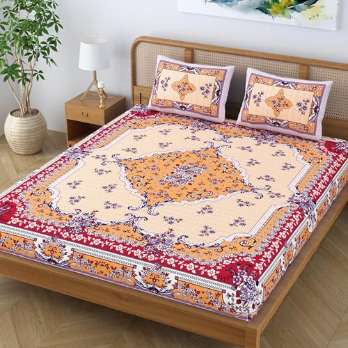 SheetKart Pure Cotton Jaipuri Printed King Size Traditional Double Bedsheet with 2 Pillow Covers - Sunset Orange - Image 3