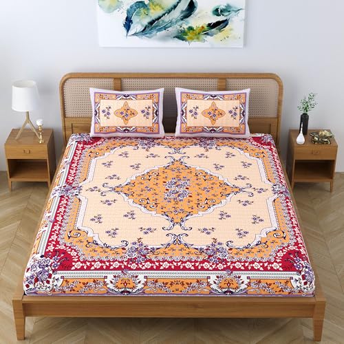 SheetKart Pure Cotton Jaipuri Printed King Size Traditional Double Bedsheet with 2 Pillow Covers - Sunset Orange - Image 5