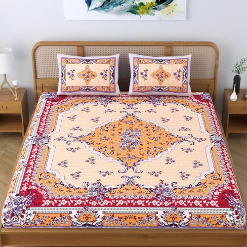 SheetKart Pure Cotton Jaipuri Printed King Size Traditional Double Bedsheet with 2 Pillow Covers - Sunset Orange - Image 2