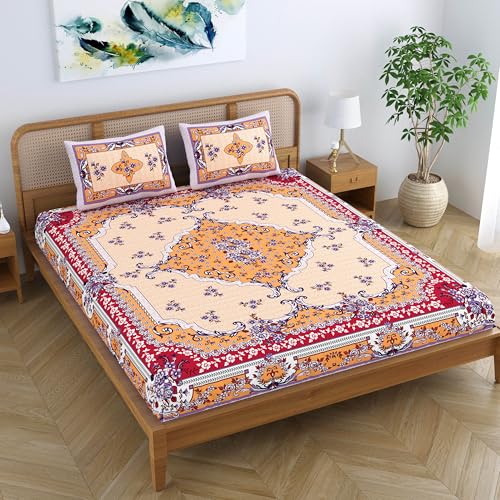 SheetKart Pure Cotton Jaipuri Printed King Size Traditional Double Bedsheet with 2 Pillow Covers - Sunset Orange - Image 4