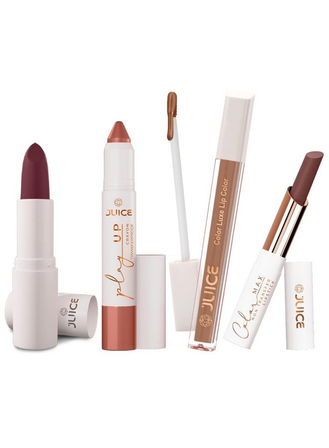 Juice Long Lasting, 4pc Lipstick Combo Set For Women(Maroon Magnet-M13 Bullet Lipstick, Barely There-MCR01 Play up Lip Crayon, Brown-M18 Liquid Lipstick, Mauve On!-M13 Slim Stick) - Image 1
