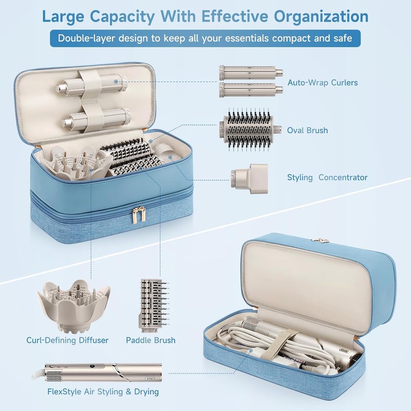 Adworte حقيبة سفر مجفف شعر لـ Shark Flexstyle، حقيبة حمل مزدوجة الطبقة، حقيبة تخزين منظمة لأدوات الشعر المحمولة لملحقات مجفف شعر Shark Beauty (أزرق ضبابي) - Image 2
