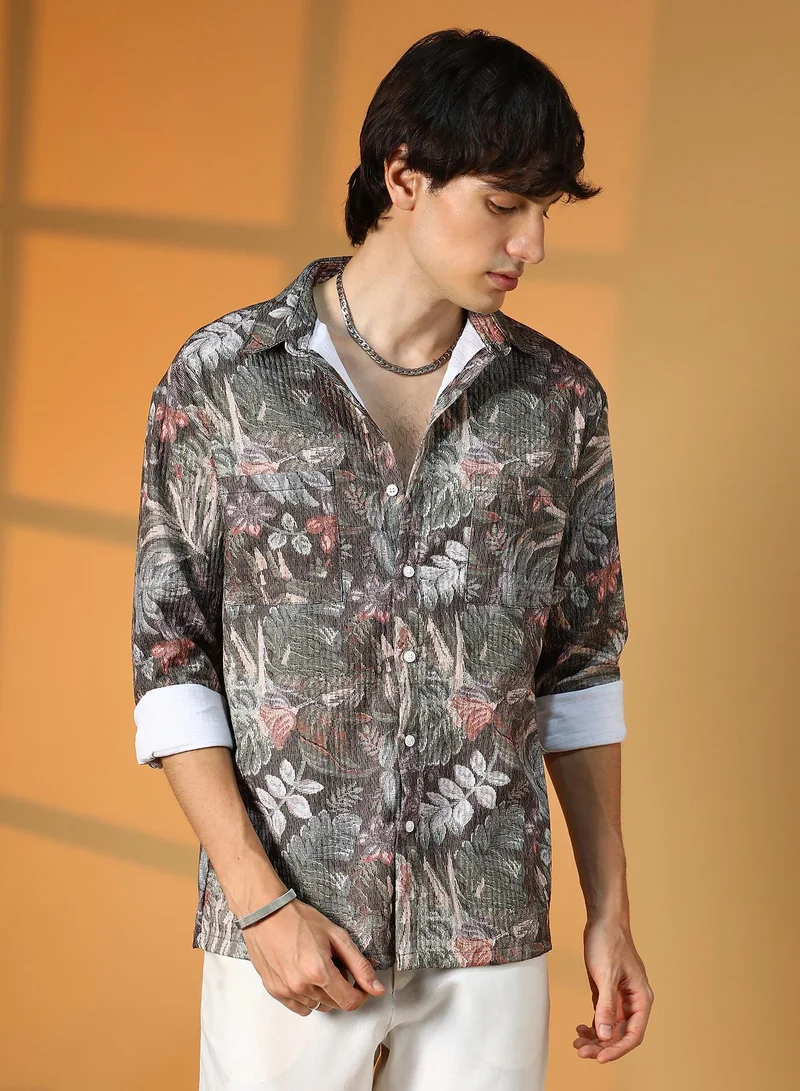 Campus Sutra Men's Moss Green Jungle Utility Shacket For Casual Wear | Spread Collar | Long Sleeve | Button Closure | Overshirt Crafted With Comfort Fit For Everyday Wear