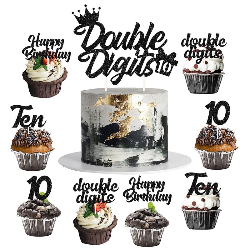 Festiko®10th Birthday Cake Decorations Black, Double Digits Cake & Cupcake Topper for Girls Boys Tenth Birthday Party Decorations and Supplies, Cheer to 10 Years Birthday - Total 25 Pcs - Image 5