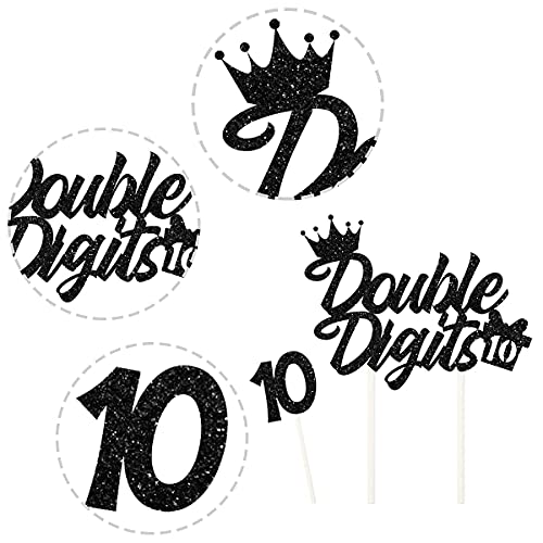 Festiko®10th Birthday Cake Decorations Black, Double Digits Cake & Cupcake Topper for Girls Boys Tenth Birthday Party Decorations and Supplies, Cheer to 10 Years Birthday - Total 25 Pcs - Image 3