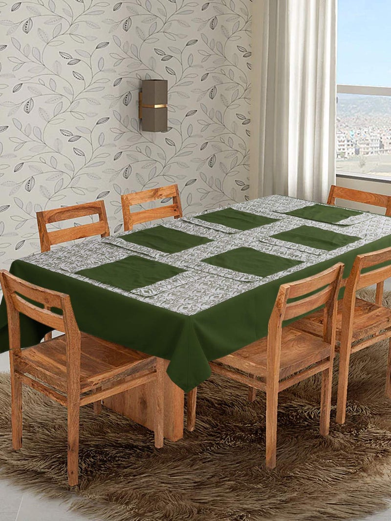Dekor World Cotton Printed Abstract Rectangle Table Cover with Place Mat - Dark Green, 9 Piece - Image 1