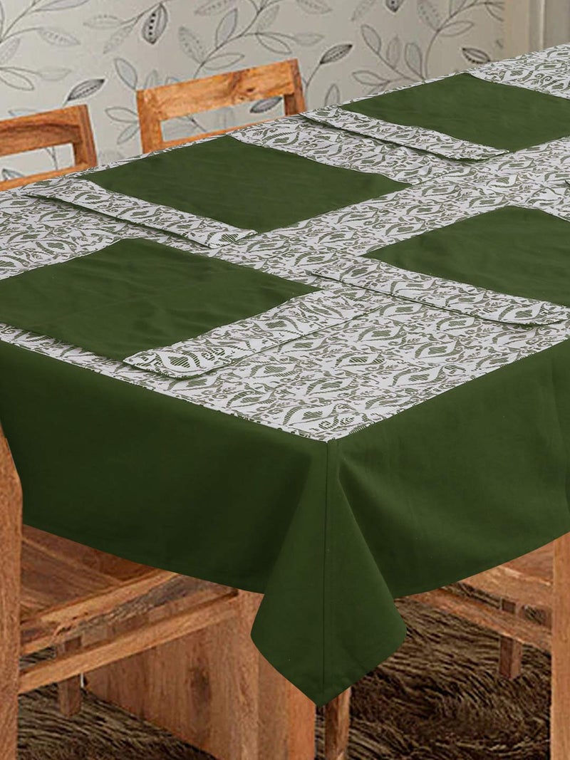 Dekor World Cotton Printed Abstract Rectangle Table Cover with Place Mat - Dark Green, 9 Piece - Image 2