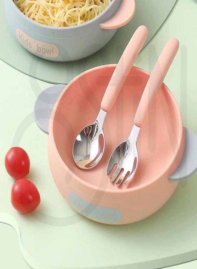 Ostin Silicone Baby Suction Food Cartoon Plates for Kids Dining Babies Dinnerware with Spoon Straw Brush for Pasta Snack Noodles (Round Pink) - Image 1