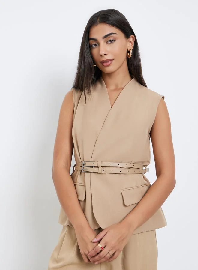 Styli Styli Women Brown Belted Sleeveless Waistcoat