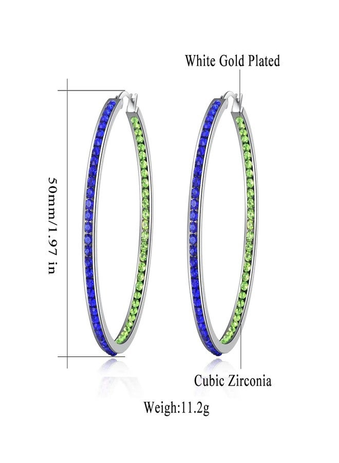 CiNily Womens Hoop Earrings Stainless Steel Blue and Green Cubic Zirconia Large Big Hoop Earrings Hypoallergenic for Sensitive Ears 50 mm - Image 2