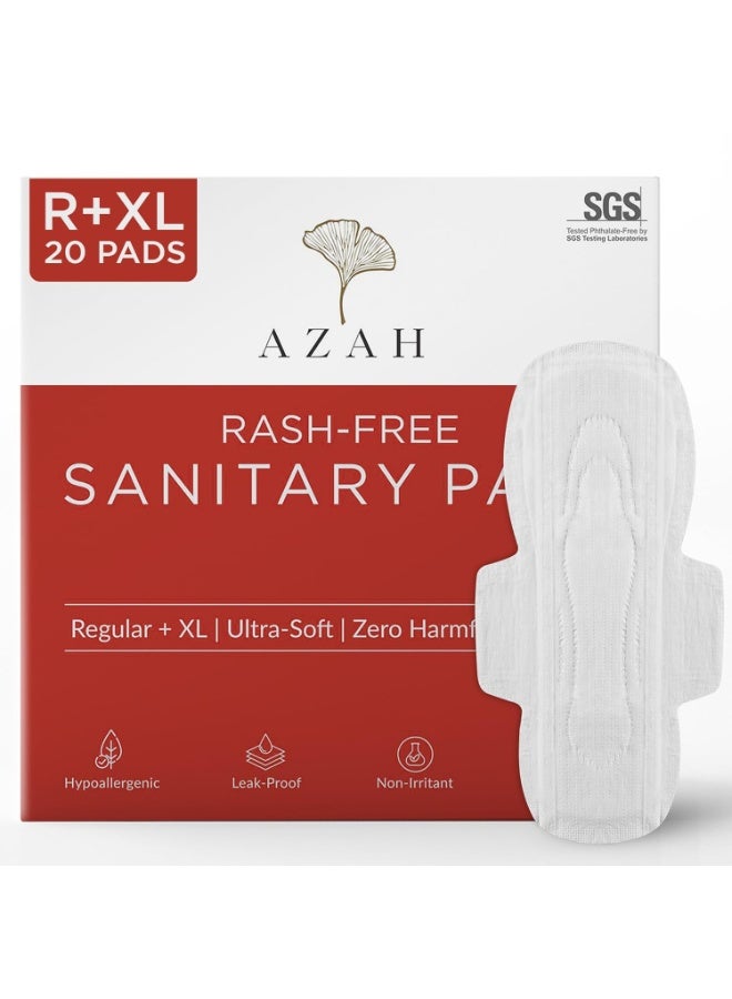 AZAH Sanitary Pads for Women (10 Reg + 10 XL) [Pack of 20] 100% Rash-Free sanitary napkins | 3x More Absorption, Cottony Soft and Dry Top Cover for heavy Flow | Toxin Free, Locks Odour, Leak-Proof - Image 1