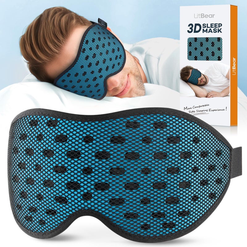 LitBear Breathable Sleep Mask, 3D Eye Mask Sleep for Side Sleepers Women Men, Light Blocking Sleeping Mask with Adjustable Strap, Soft Lightweight Eye Cover for Travel, Night Work, Nap, Office - Blue - Image 1