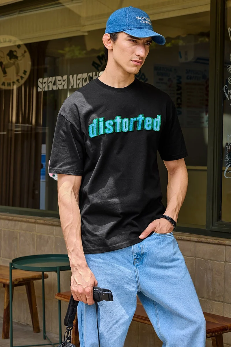 سنيتش Black Graphic Half Sleeve Oversized Streetwear T-Shirt