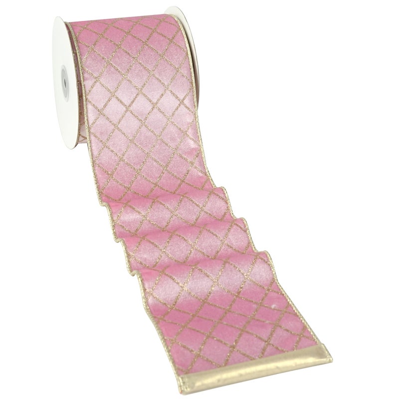 MAYREEL 4 Inch Pink and Gold Velvet Wired Ribbon Metallic Diamond Glitter Grid for Christmas Gift Wrapping Floral Craft Bows Wreaths Garland Wedding Holiday Decor 10 Yards