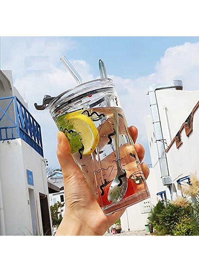 KELVEE كوب قياس شرب كيلفي مع قشة سيليكون وغطاء زجاجي بنمط كرتوني، مشروب متعدد الاستخدامات للإحتساء من الحليب، الشاي، القهوة، العصير، والشيك السميك (طقم من 2) 400 مل - Image 4