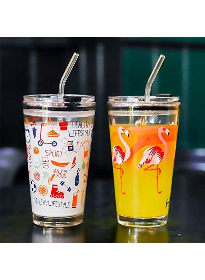 KELVEE كوب قياس شرب كيلفي مع قشة سيليكون وغطاء زجاجي بنمط كرتوني، مشروب متعدد الاستخدامات للإحتساء من الحليب، الشاي، القهوة، العصير، والشيك السميك (طقم من 2) 400 مل - Image 3