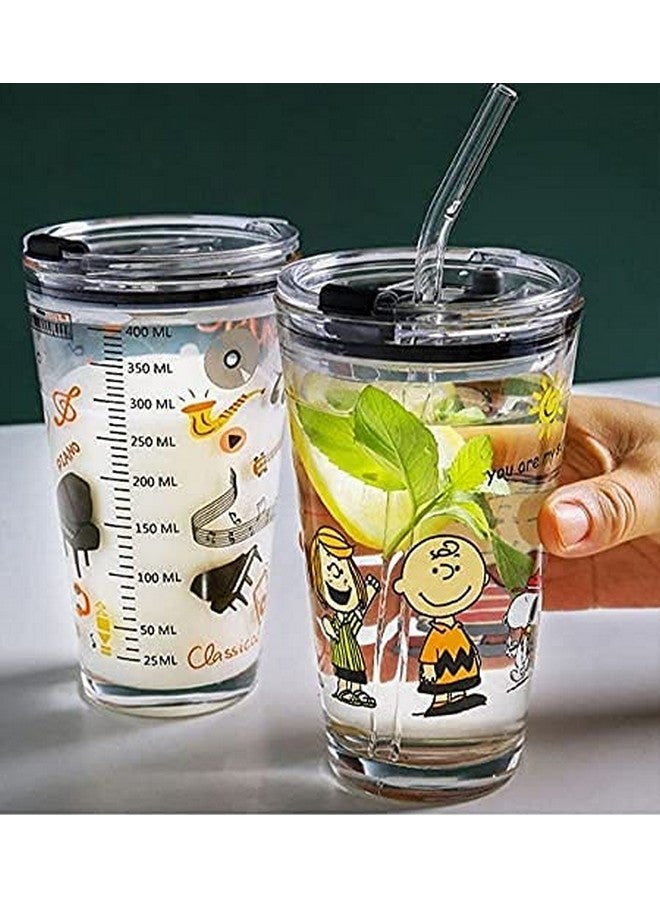 KELVEE كوب قياس شرب كيلفي مع قشة سيليكون وغطاء زجاجي بنمط كرتوني، مشروب متعدد الاستخدامات للإحتساء من الحليب، الشاي، القهوة، العصير، والشيك السميك (طقم من 2) 400 مل - Image 1
