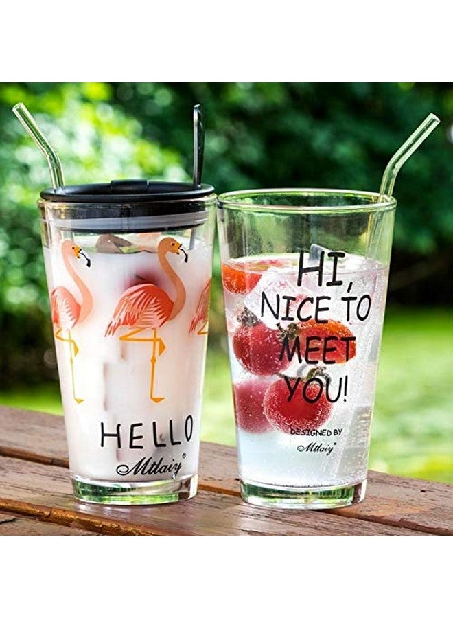 KELVEE كوب قياس شرب كيلفي مع قشة سيليكون وغطاء زجاجي بنمط كرتوني، مشروب متعدد الاستخدامات للإحتساء من الحليب، الشاي، القهوة، العصير، والشيك السميك (طقم من 2) 400 مل - Image 5