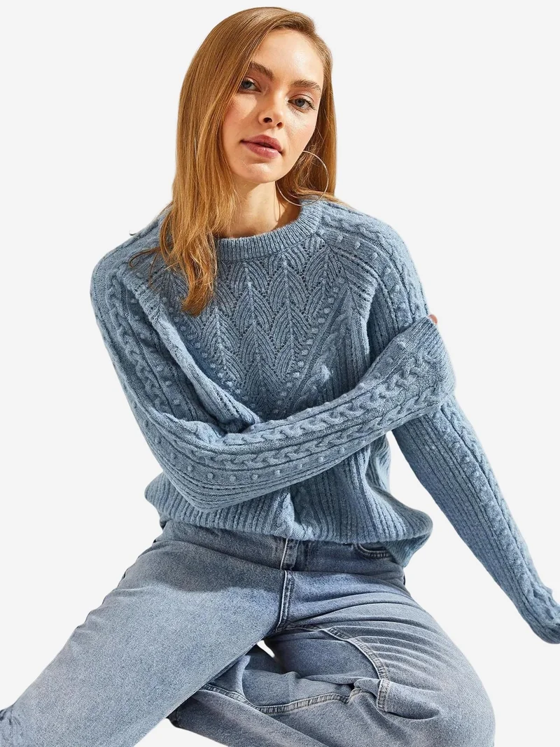 Bianco Lucci LUCCI Patterned Thick Crew Neck Sweater