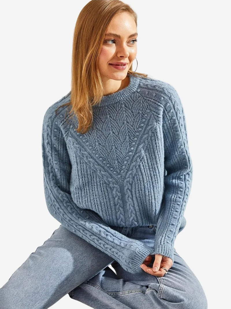Bianco Lucci LUCCI Patterned Thick Crew Neck Sweater