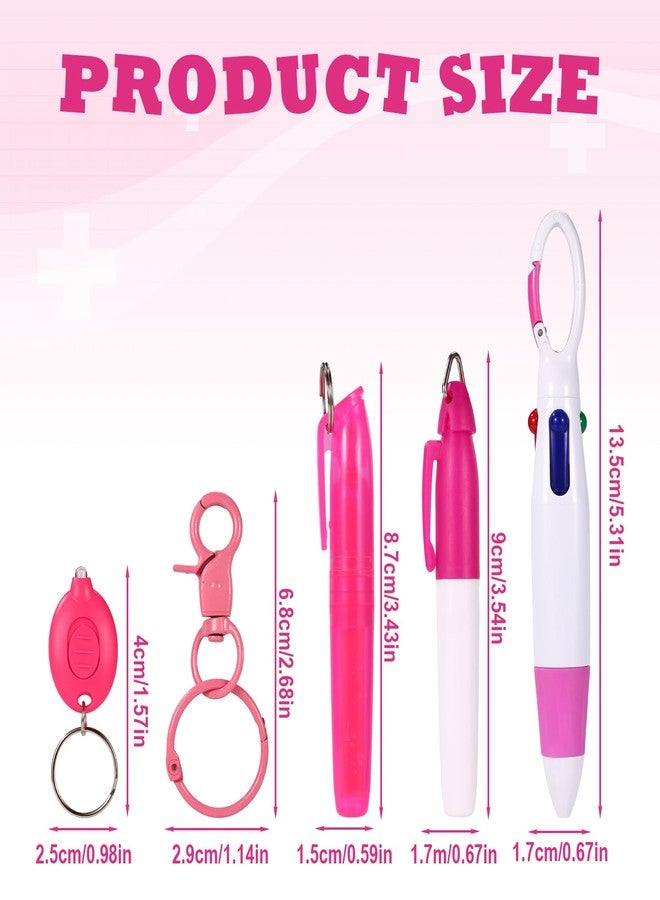 BTFO 5 Pcs Pink Nurse Pen Set, LED Keychain Flashlight Mini Highlighter Marker Colored Ballpoint Pen & Keychain Badge Reel Accessories for Nurse Supplies Gifts - Image 2