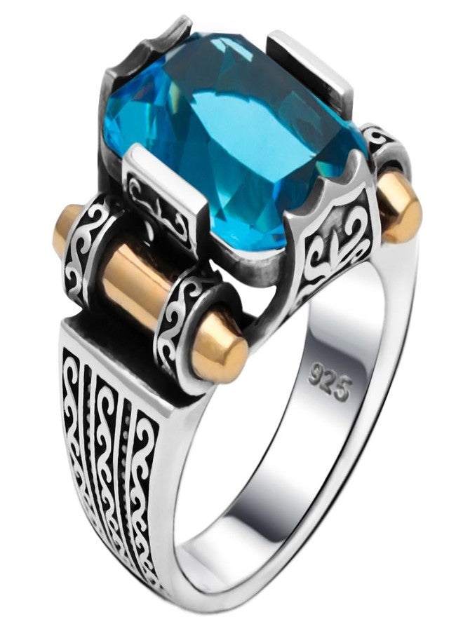 Babylon Silver Genuine Solid 925 Sterling Ring for Men, Accented with Bronze, Faceted Simulated Aquamarine Stone, Vintage Turkish Ottoman Style (Simulated Aquamarine, 9) - Image 1